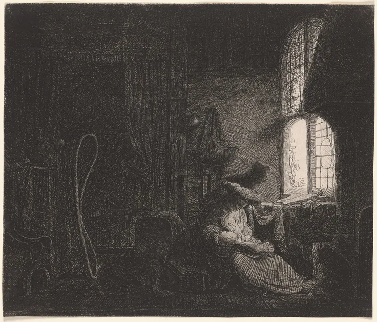 The Holy Family in an Interior: etching, drypoint and engraving by Ferdinand Bol, 1643.