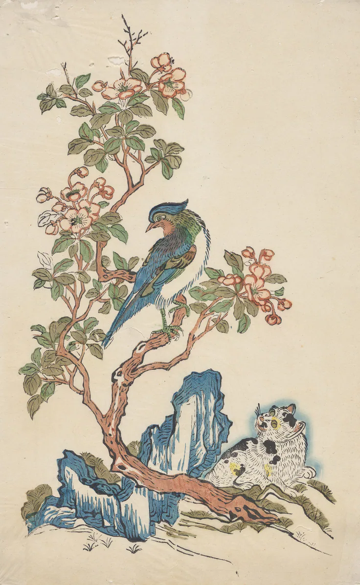 Picture of a Cat, a Bird, and a Crabapple: multicolor woodblock print; ink and color on paper, 1662–1735.