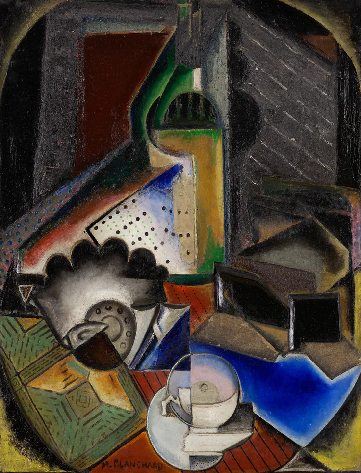 Still Life: oil, sand, and mixed media collage on canvas by María Blanchard, c. 1916.