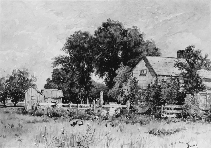 The Farm: watercolor, gouache, and graphite on white wove paper by Alfred Thompson Bricher, ca. 1880–90.