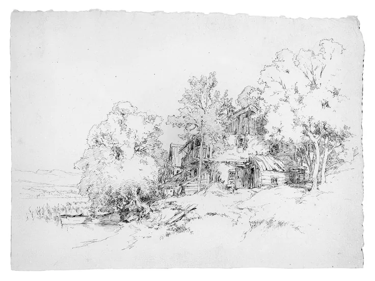 German Farm Building: black pen and graphite traces on light buff wove paper by Andrew Fisher Bunner.