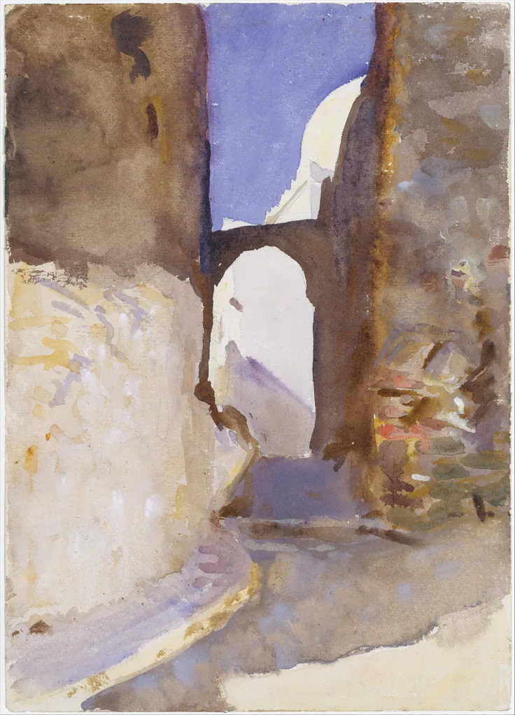 Street, Tangier: watercolor, gouache, and graphite on off-white wove paper by John Singer Sargent, 1895.