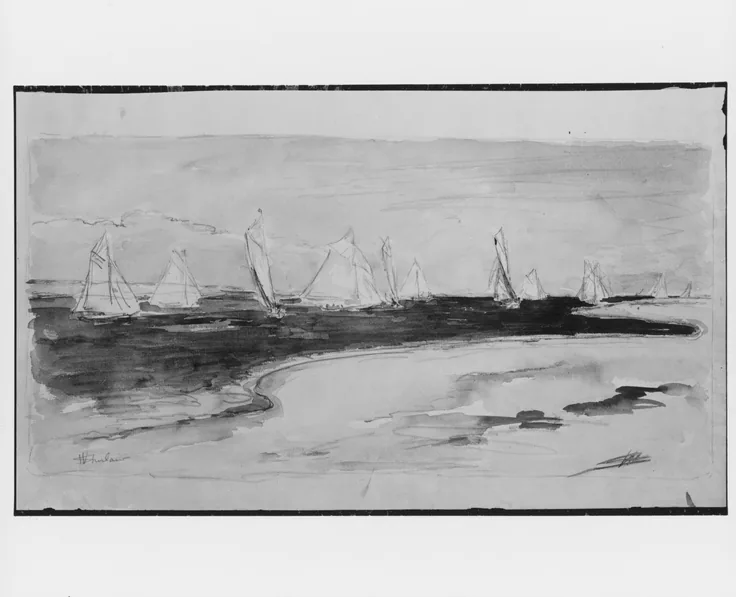 Seascape: watercolor and charcoal on off-white laid paper by Walter Shirlaw.