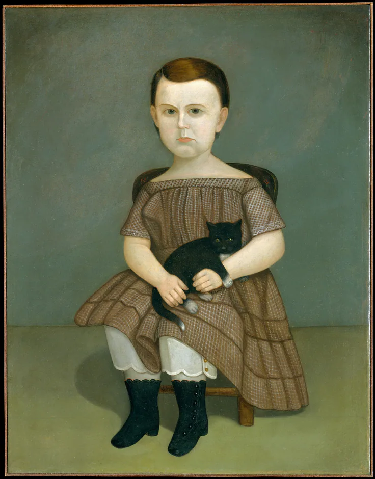 Martha Bartlett with Kitten: oil on canvas by American, ca. 1860.
