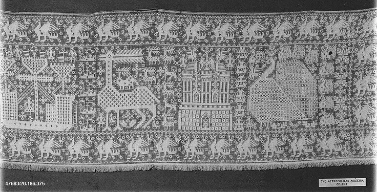 Valance (wedding train): embroidered net, buratto, 16th century.