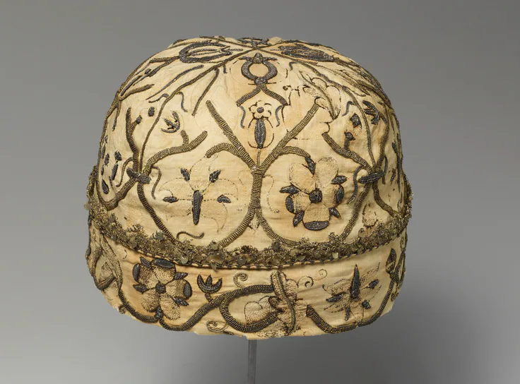 Night cap: textiles-embroidered, late 16th–early 17th century.