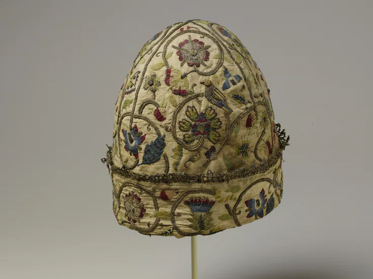 Night cap: textiles-embroidered, 1600–1620.