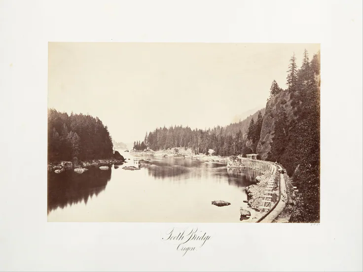 Tooth Bridge, Oregon: albumen silver print from glass negative by Carleton E. Watkins, 1867, printed ca. 1876.