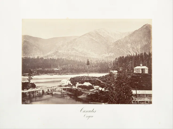Cascades, Oregon: albumen silver print from glass negative by Carleton E. Watkins, 1867, printed ca. 1876.
