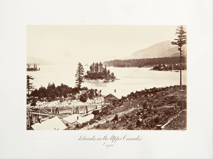 Islands in the Upper Cascades, Oregon: albumen silver print from glass negative by Carleton E. Watkins, 1867, printed ca. 1876.