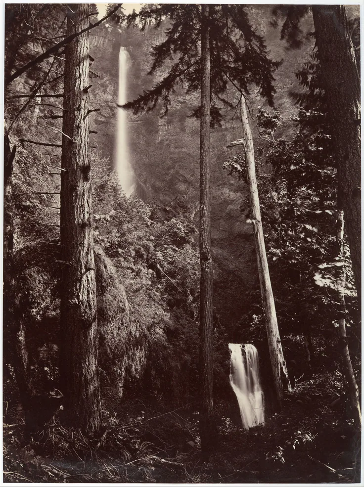 Multnomah Falls, Oregon: albumen silver print from glass negative by Carleton E. Watkins, 1867, printed later.