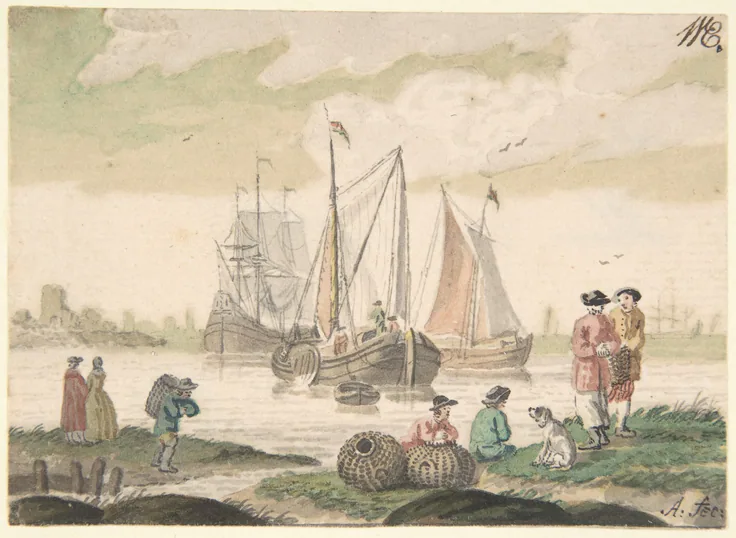 Seascape with Seven Figures and a Dog: drawing by Nicolaas Aartman, 1728–93.