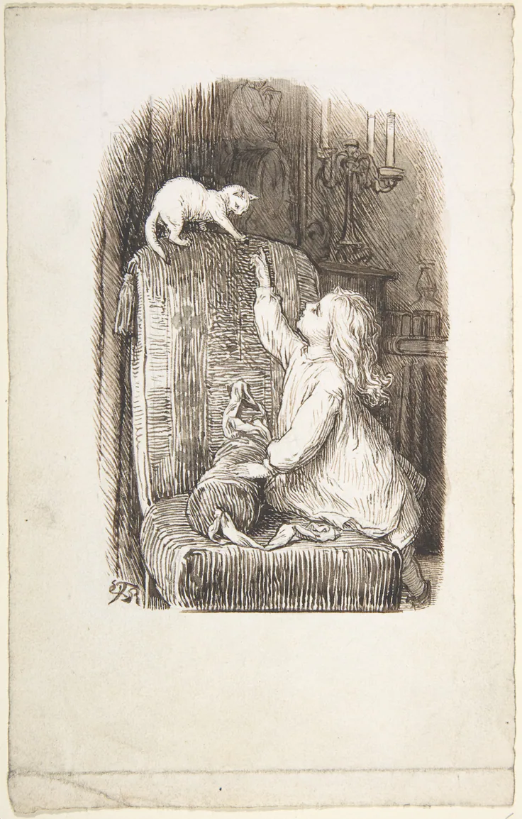 Child Climbing a Chair to Reach for a Kitten: drawing by Lorenz Frølich, 1835–1903.