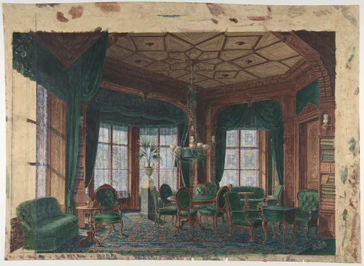 Interior of a Smoking-Room or Club-Room: watercolor and gouache over graphite by A. Fix, 1878.