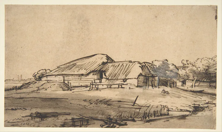 Group of Farm Buildings: drawing by Rembrandt, ca. 1648–52.