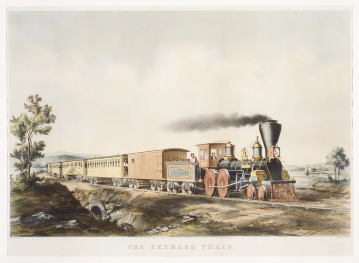 The Express Train: hand-colored lithograph by Charles Parsons, 1859.