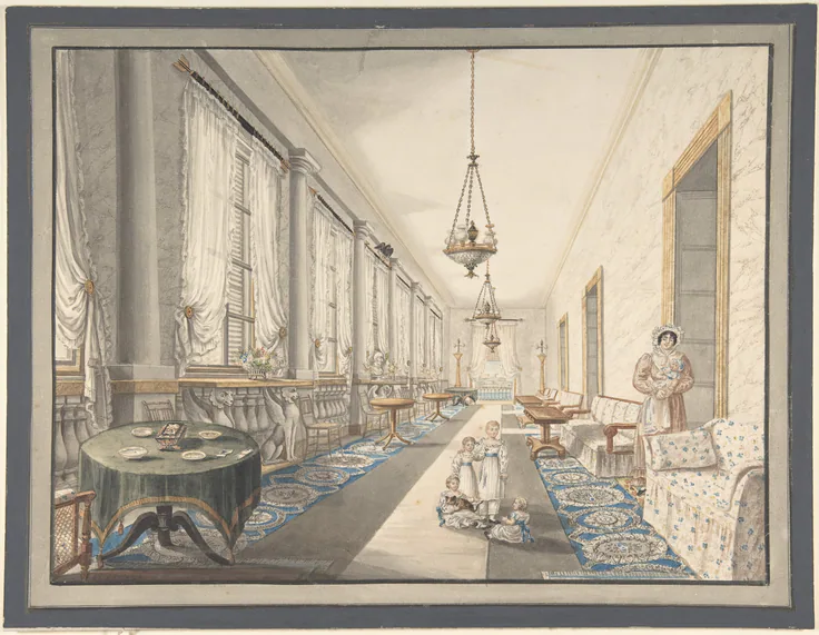 Interior, Leningrad?: watercolor by Charles de Brocktorff, ca. 1825.