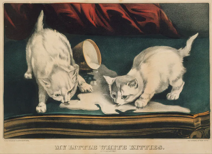 My Little White Kitties – Into Mischief: hand-colored lithograph by Currier & Ives, 1857–71.