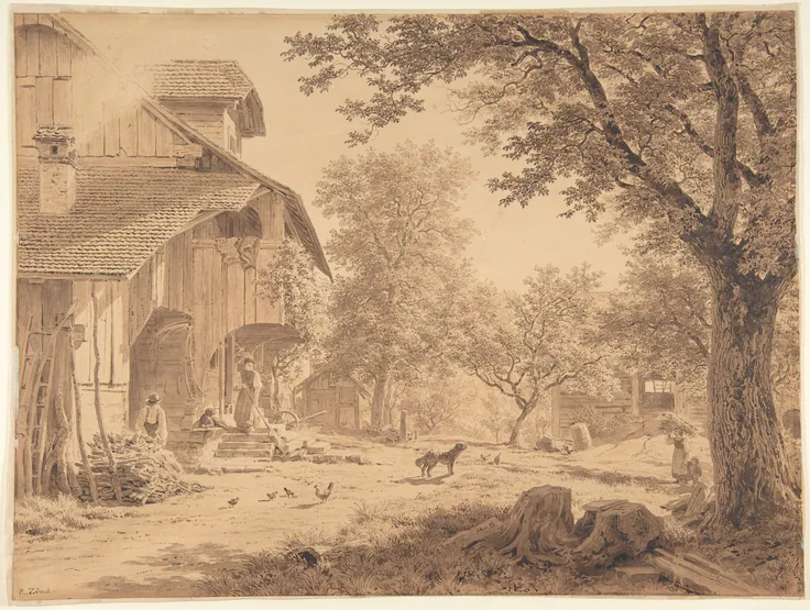 Swiss Farm ('Hirtenhof'): brush and brown wash over graphite by Robert Zünd, 19th–20th century.