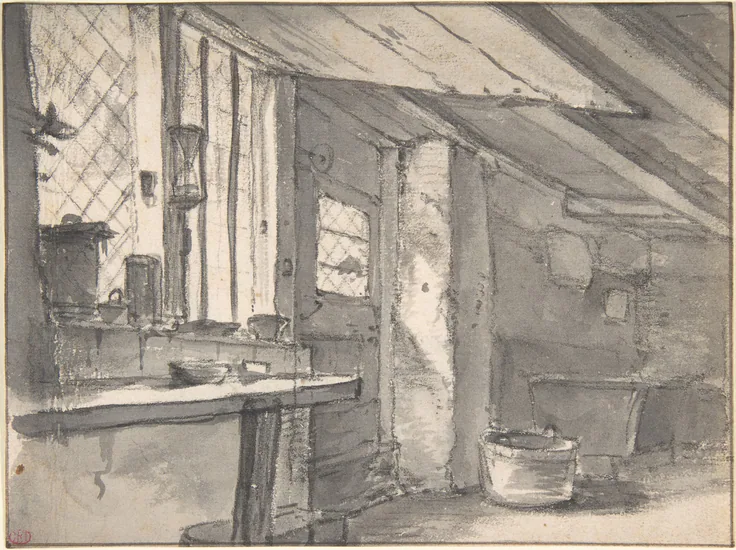 Workshop Interior: black chalk, gray wash by Thomas Wijck, 1629–77.