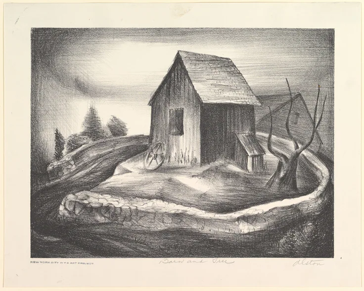 Barn and Tree: lithograph by Charles Henry Alston, 1935–43.