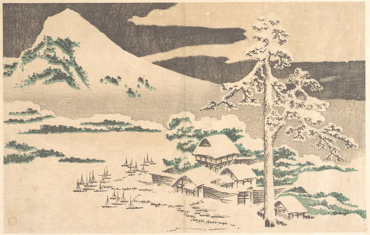 Seaside Village in Winter, from Hokusai’s Album of Realistic Pictures (Hokusai shashin gafu): print by Katsushika Hokusai, 1814.