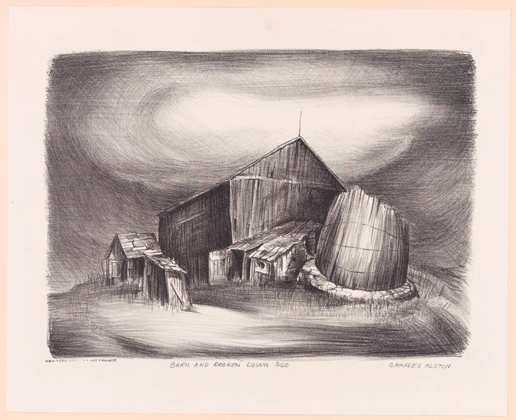 Barn and Broken Down Silo: lithograph by Charles Henry Alston, 1935–43.