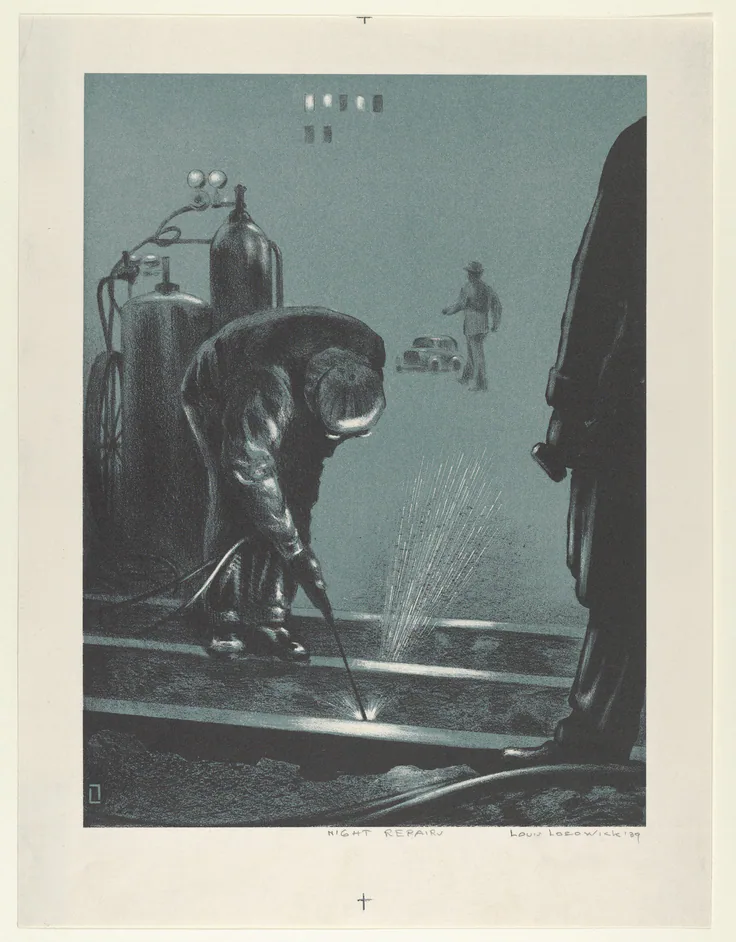 Night Repairs: lithograph by Louis Lozowick, 1939.