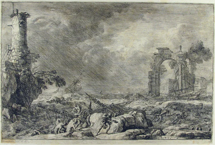 Seascape (La Naufrage): etching by Adriaen Manglard, 18th century.