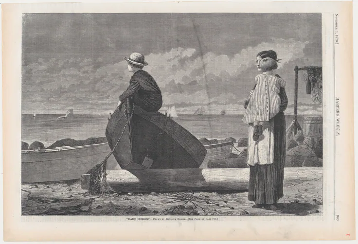 "Dad's Coming!" (from "Harper's Weekly," Vol. XVII): wood engraving by Winslow Homer, November 1, 1873.
