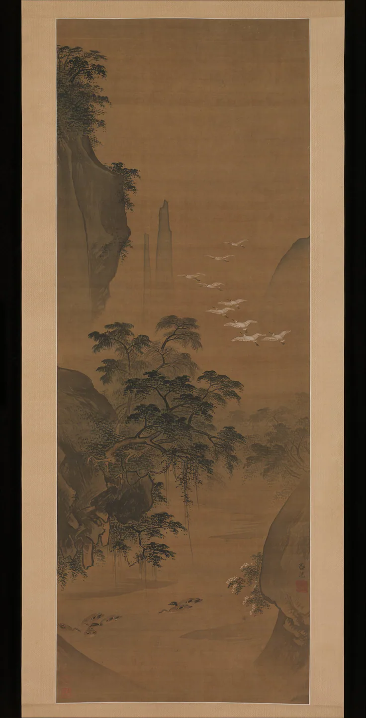 Autumn landscape with egrets and ducks: hanging scroll; ink and color on silk by Lü Ji, late 15th century.
