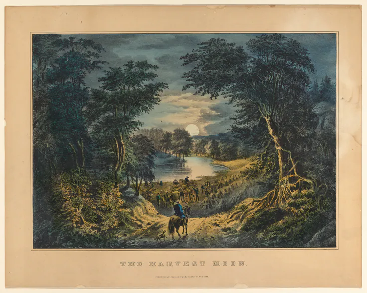 The Harvest Moon: hand-colored lithograph by Currier & Ives, 1857–71.