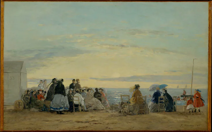 On the Beach, Sunset: oil on wood by Eugène Boudin, 1865.