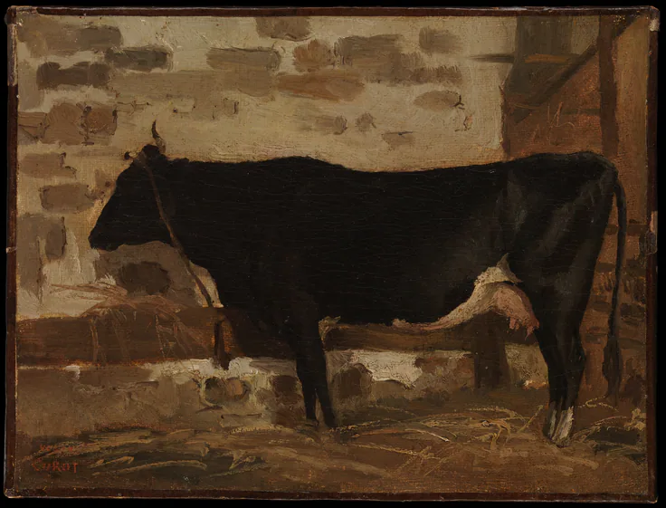 Cow in a Barn: oil on paper, laid down on canvas by Camille Corot.