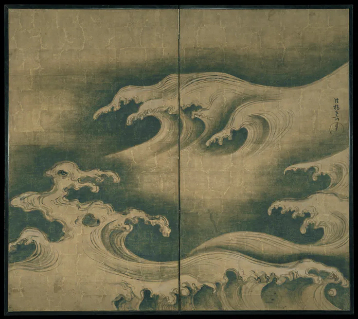 Rough Waves: two-panel folding screen; ink, color, and gold leaf on paper by Ogata Kōrin, ca. 1704–9.