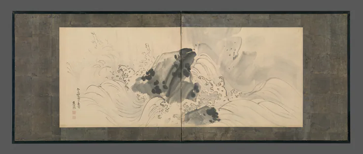 Rock and Waves: two-panel folding screen; ink and color on paper by Maruyama Ōkyo 円山応挙, dated 1773.