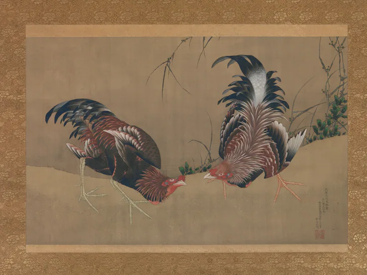 Gamecocks: hanging scroll; ink and color on silk by Katsushika Hokusai, dated 1838.