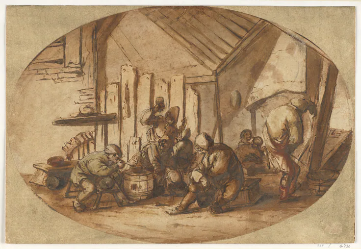 Peasants Carousing in a Barn: drawing by Adriaen van Ostade, late 1630s.