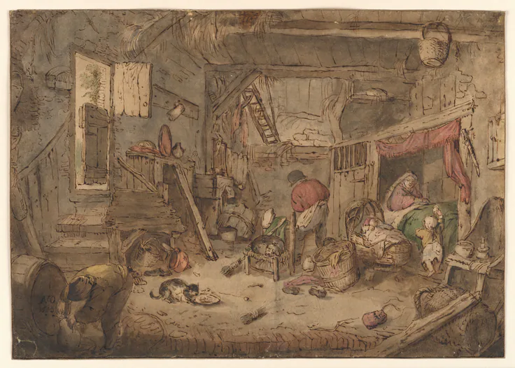 Peasant Family in a Barn: drawing by Isaac van Ostade, 1640s.