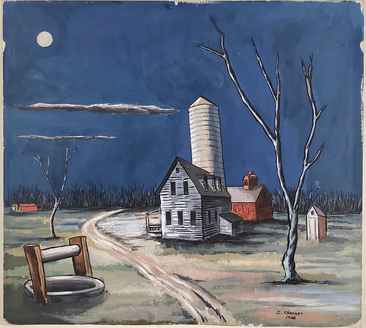 Farm in Moonlight: gouache on board by Daniel Koerner, 1938.