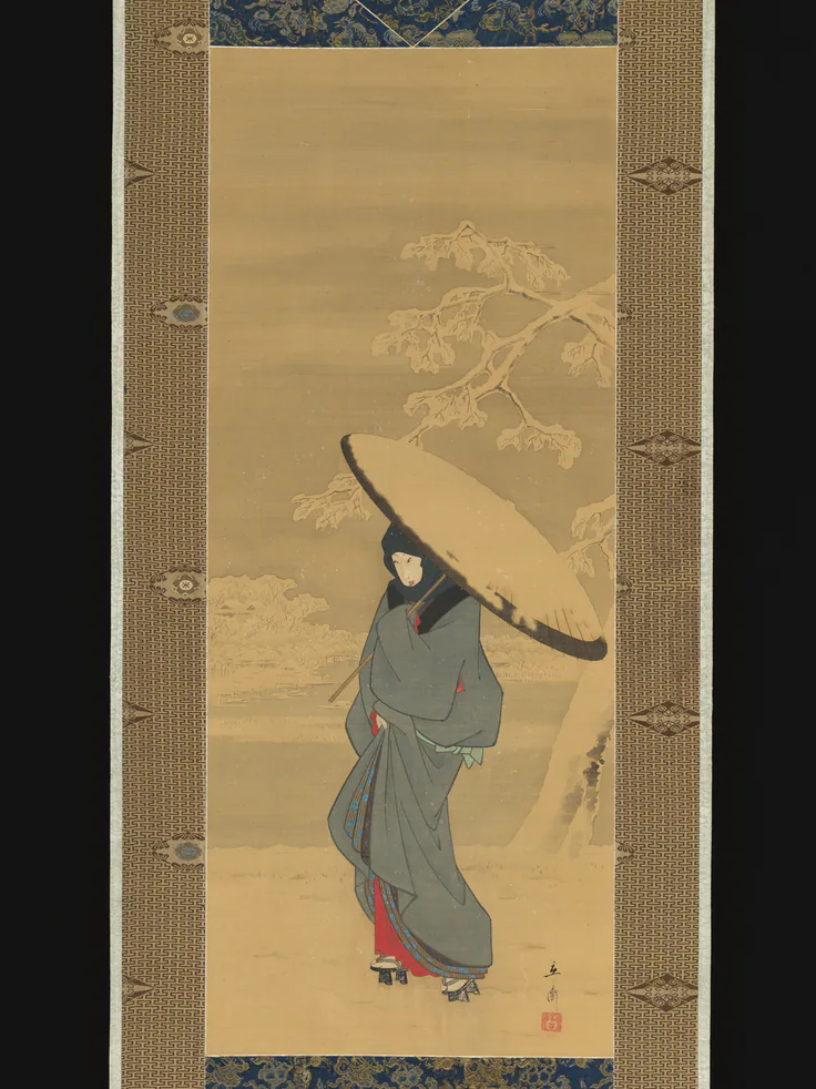 Woman Walking in the Snow: hanging scroll; ink and color on silk by Utagawa Hiroshige, 1840s–early 1850s.