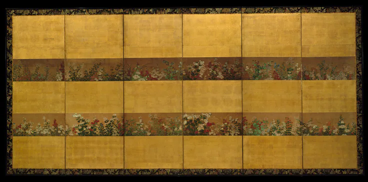 Autumn Flowers: six-panel folding screen; ink and color on gilded paper by Japan, 17th century.