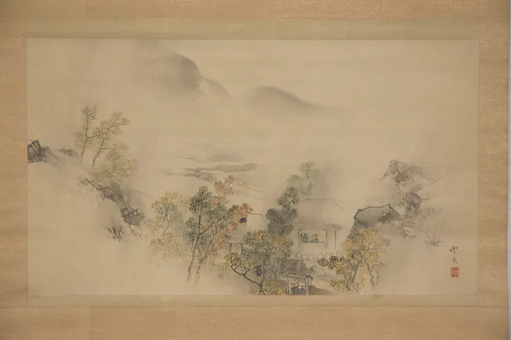 Autumn Landscape: hanging scroll; ink and color on silk by Okamoto Toyohiko, 19th century.