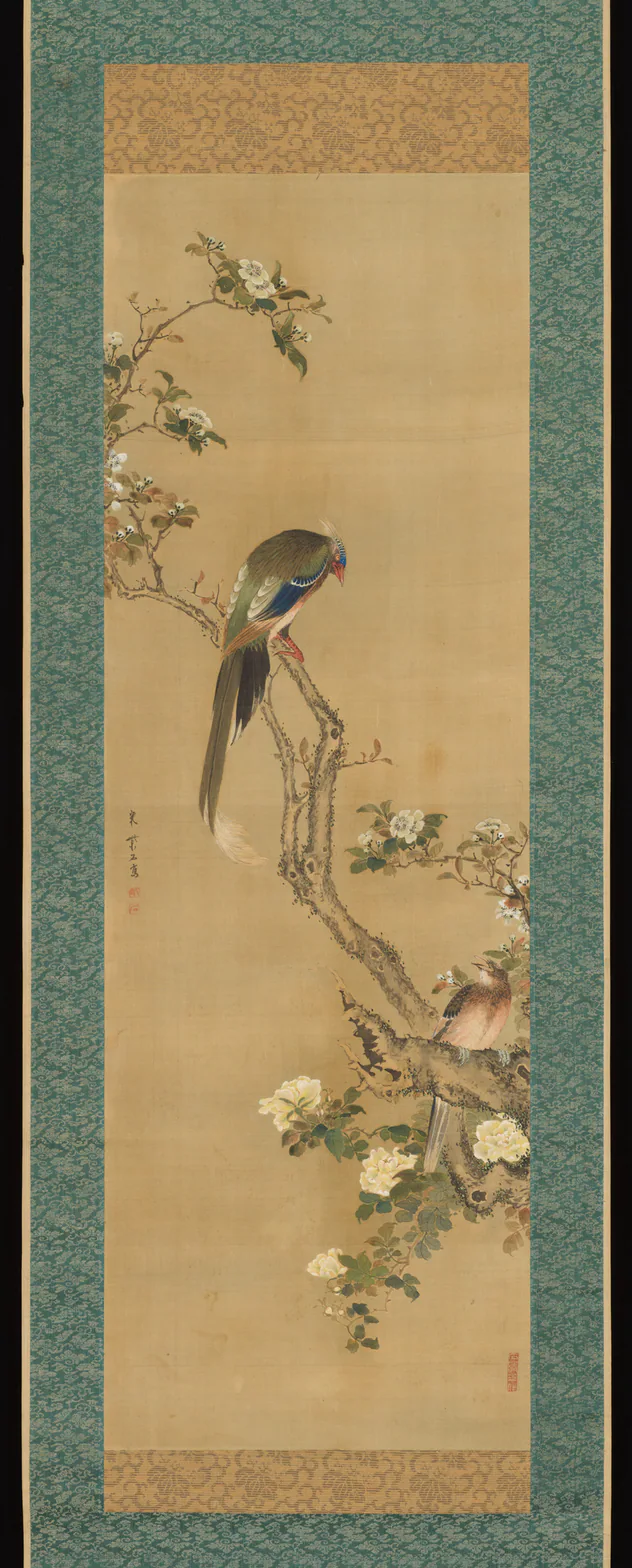 Birds and Flowers: hanging scroll; ink and color on silk by Sō Shiseki, 18th century.