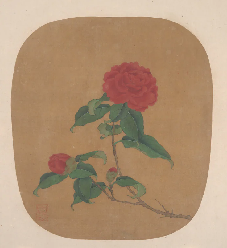 Camellia Flowers: fan mounted as an album leaf; ink and color on silk by Unidentified artist.