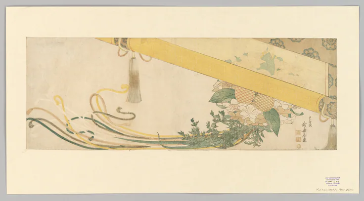 Basket of Flowers with Bamboo Blind: woodblock print (surimono); ink and color on paper by Katsushika Hokusai, ca. 1799–1810.