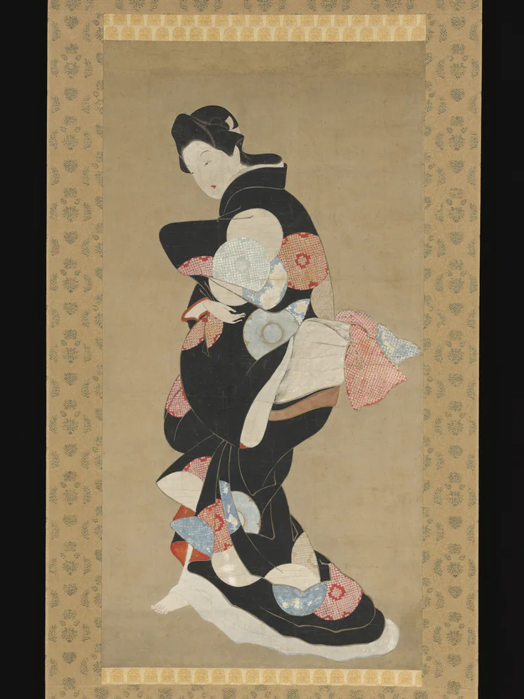 Dancer: hanging scroll; color on paper by Hishikawa Moronobu 菱川師宣.