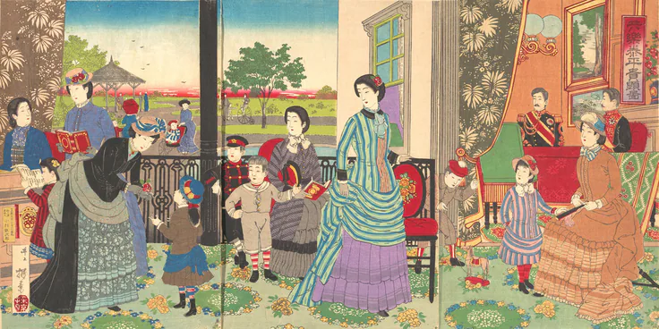 Peaceful Pleasures of the Highest Nobility (Kyōraku taihei kiken zu): print by Inoue Yasuji, 1887.