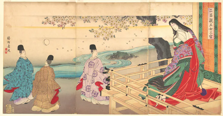 The Third Princess and Kashiwagi, from Chapter 34, “New Herbs I (Wakana I)” (Nihon shinnō onna sannomiya): triptych of woodblock prints; ink and color on paper by Yōshū, 1890.