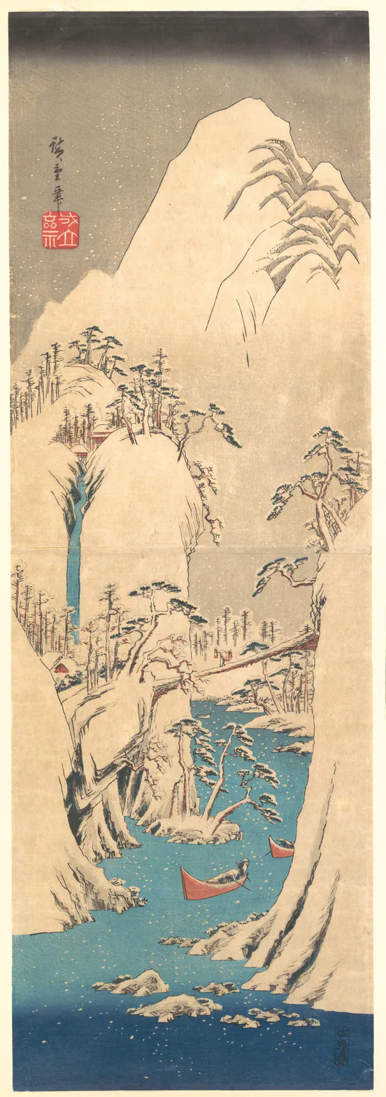 Snowy Gorge: woodblock print; ink and color on paper by Utagawa Hiroshige.